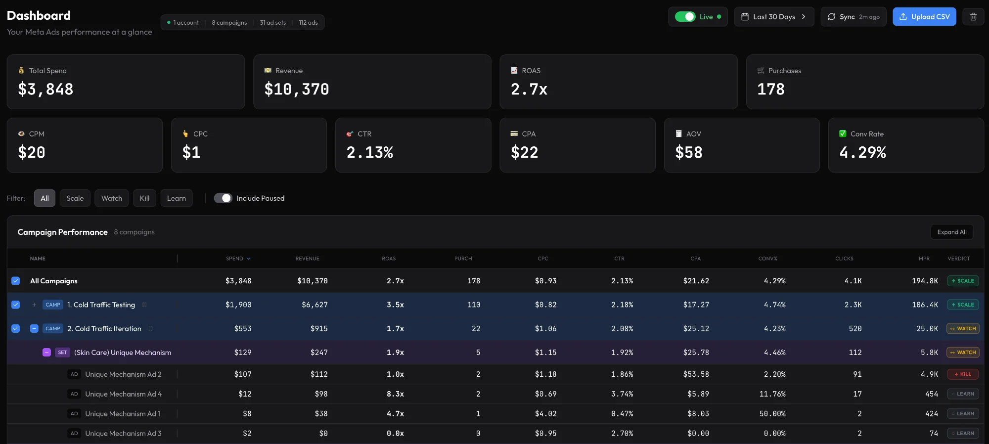 KillScale Dashboard showing campaign verdicts and controls